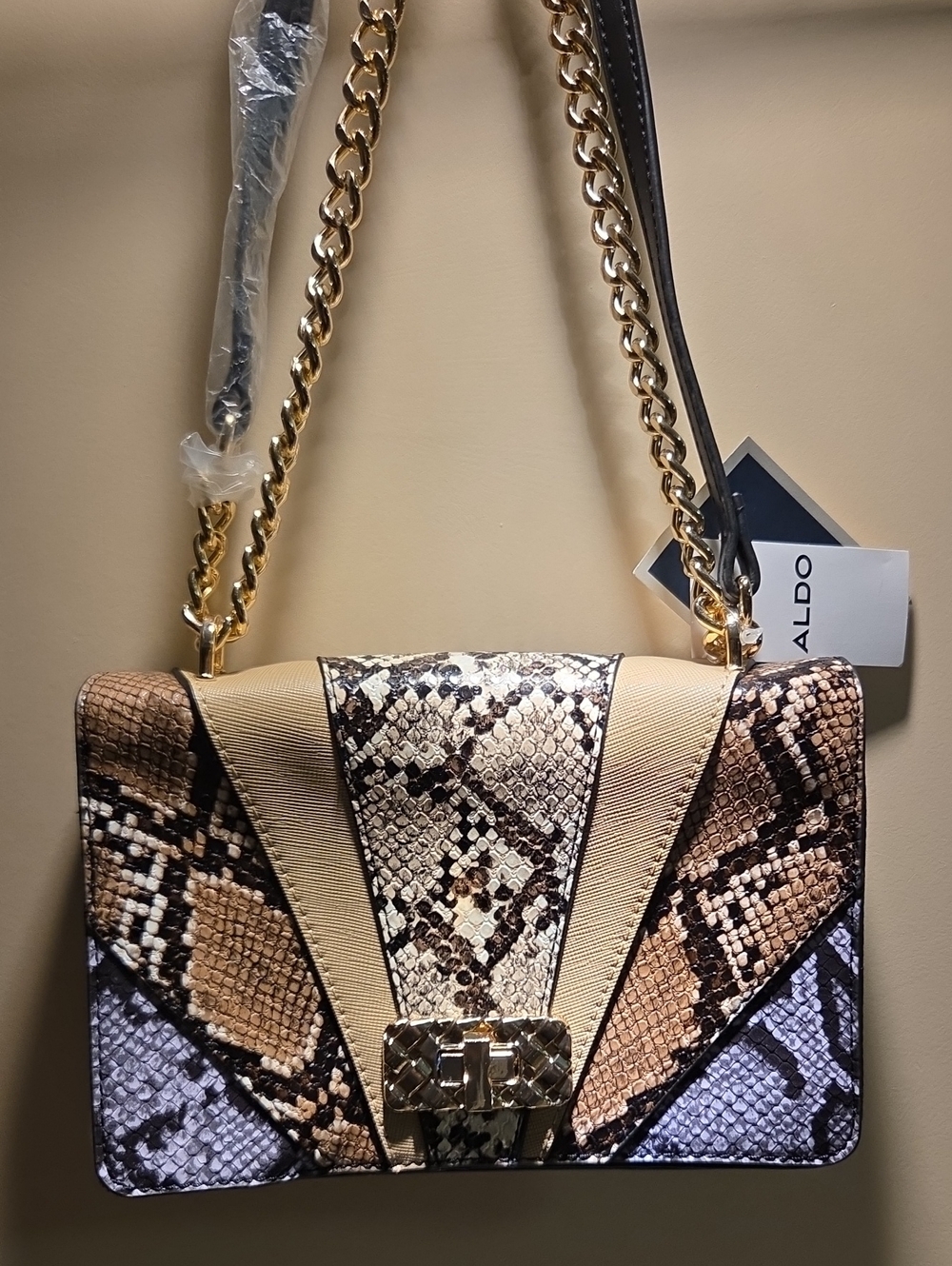 ALDO Multitone Snake-Print Shoulder Bag with Gold Chain